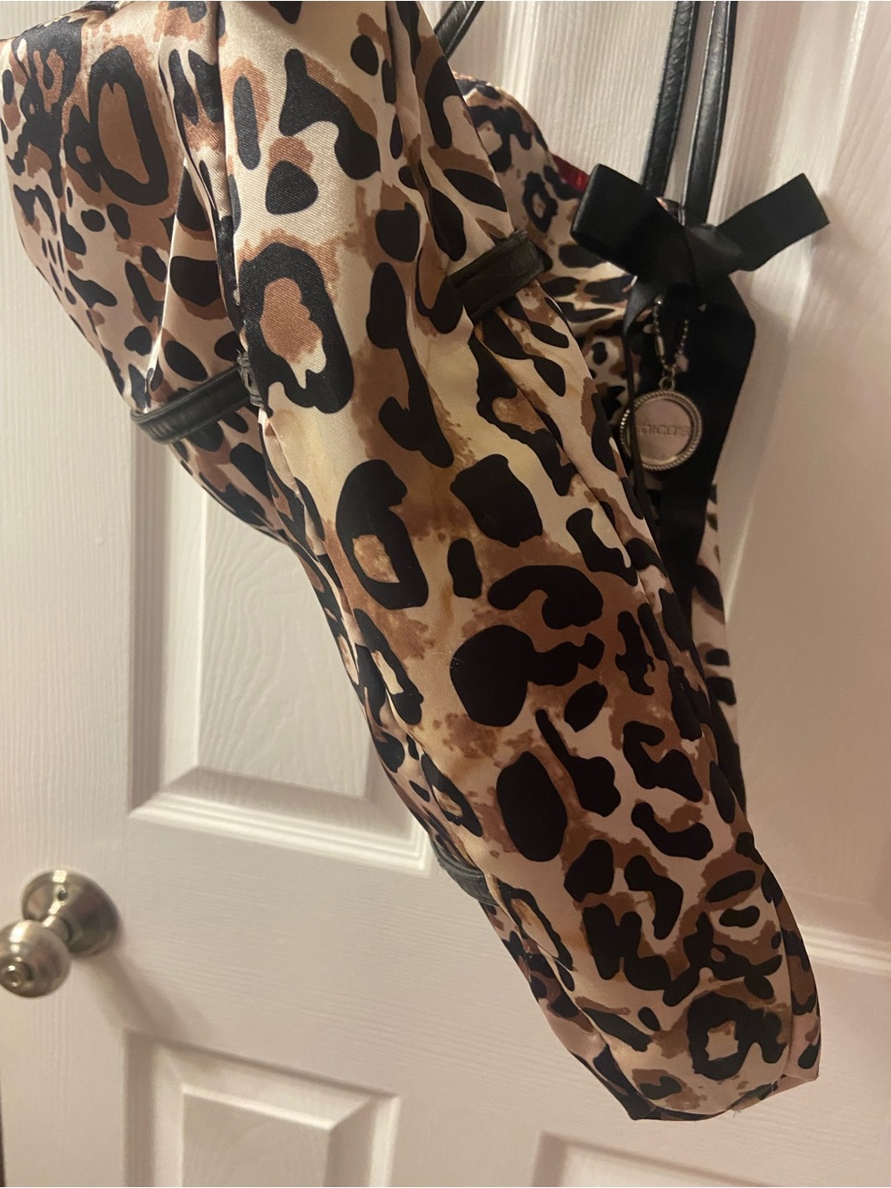 Chico's Leopard-Print Satin Tote with Black Trim and Red Lining - Picture 4 of 7